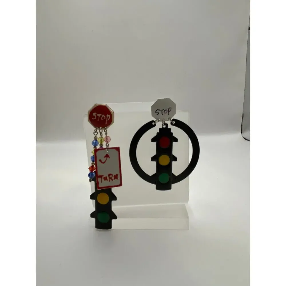 Vintage 1980s Traffic Light Earrings Stop Sign Turn Signal Mismatched Statement